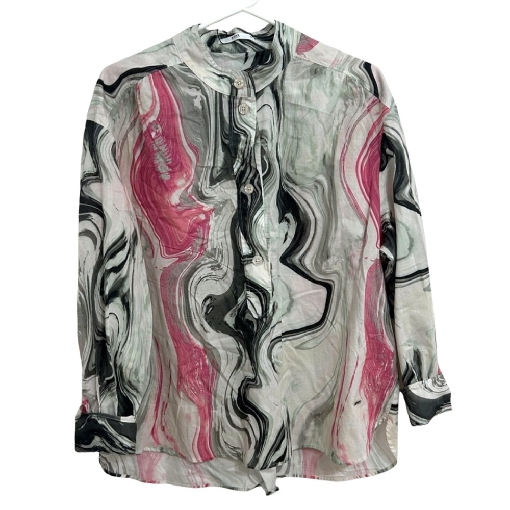 BRAX Vicki Agava Pink Print Linen Shirt Women Sz 12 Lagenlook‎ Sustainable Artsy